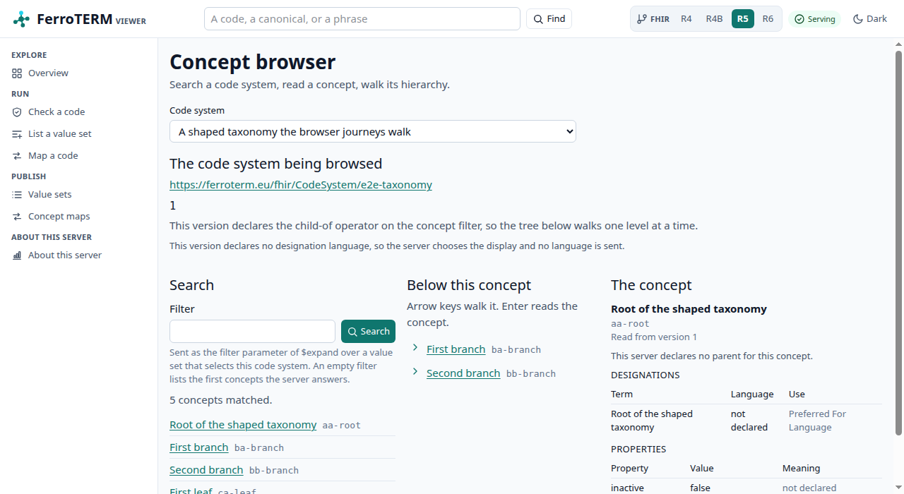 The concept browser, with a concept and the first level of its hierarchy