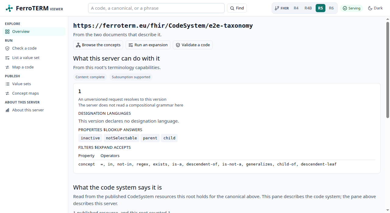 The code system screen, with the capability pane and the published resource