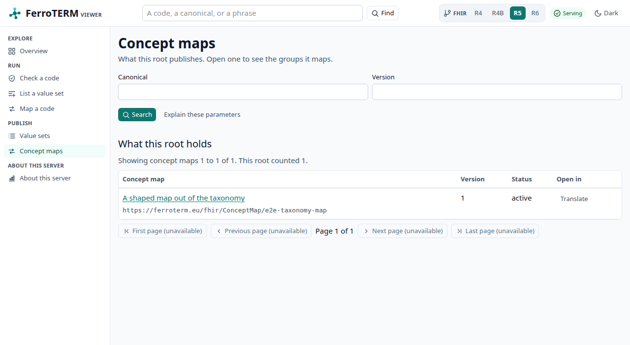 The concept map screen, listing what this root publishes