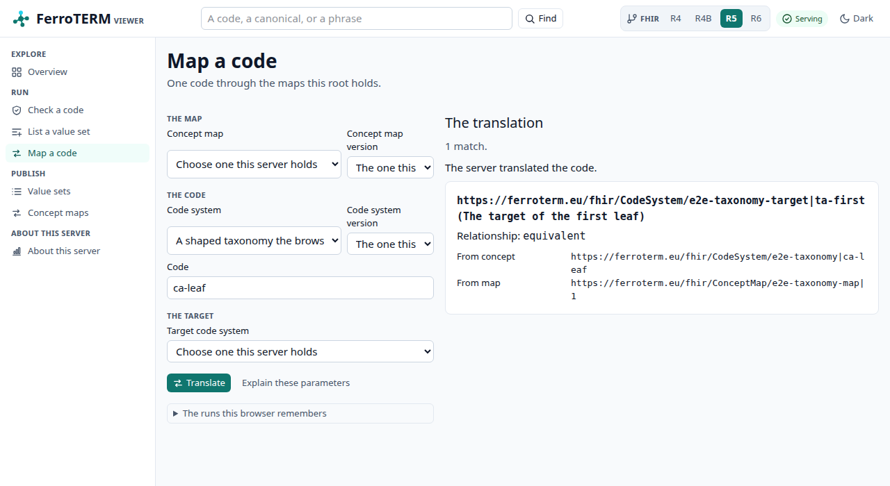 The translate runner, with a translated code and the match it returned