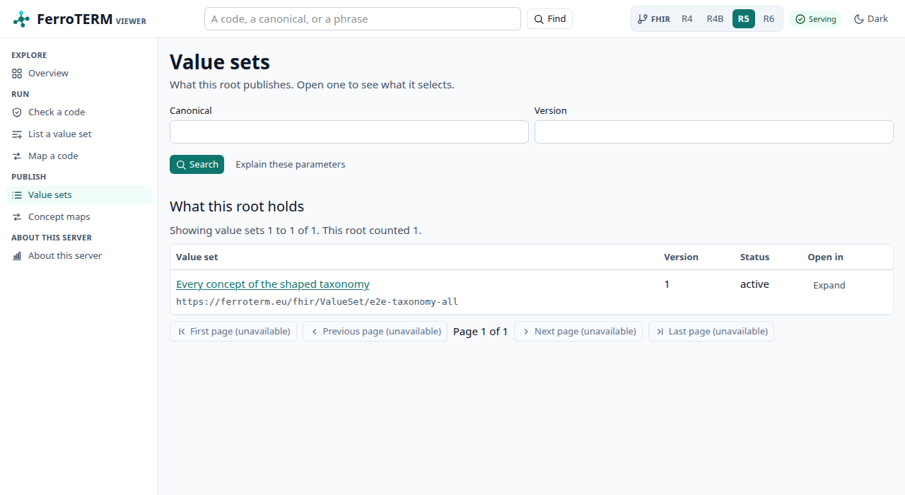 The value set screen, listing what this root publishes